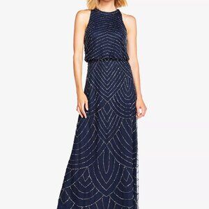 Adrianna Papell Art Deco Beaded Blouson Halter Evening Dress, Navy Black Size 2